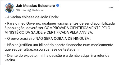 Post de jair bolsonaro negando a compra da vacina chinesa