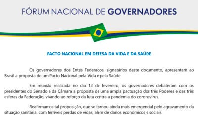 O governador Rui Costa é um dos signatários do "Pacto Nacional em defesa da Vida e da Saúde", lançado nesta quarta-feira (10), pelo Fórum