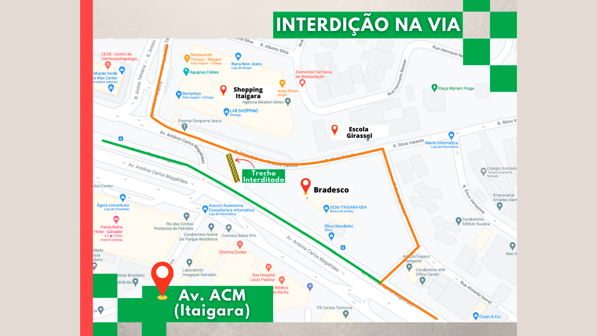 O acesso à via marginal da Avenida ACM, em frente ao Shopping Itaigara, será interditado a partir de amanhã (2) para avanço das obras do