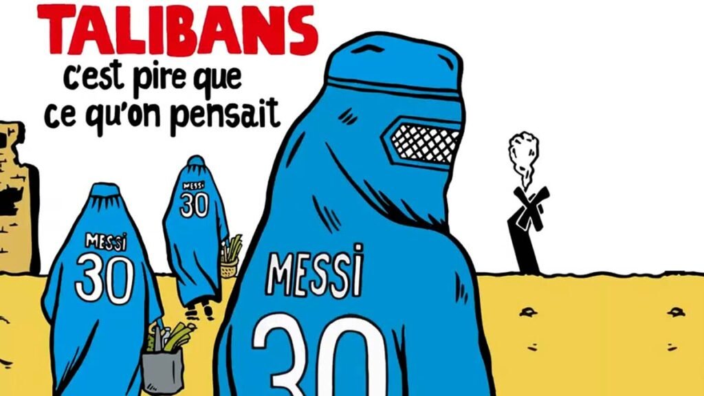 A capa da revista francesa Charlie Hebdo associou o grupo extremista Talibã, que retomou o poder no Afeganistão, ao clube francês Paris Saint-Germain