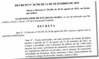 autoriza, em toda a Bahia, até o dia 21 de setembro de 2021, a realização de atividades com a presença de público de até mil pessoas