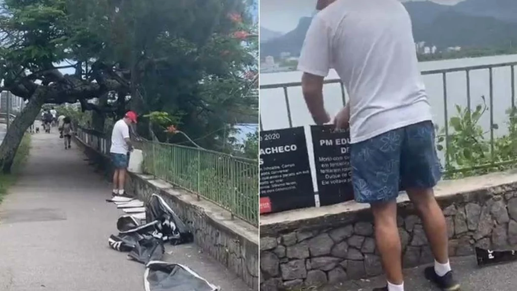 Um homem foi flagrado retirando placas de um local onde foi erguida uma homenagem a vítimas da violência na cidade do Rio de Janeiro.