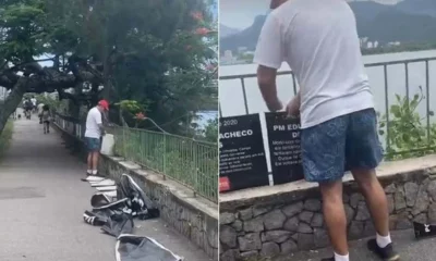 Um homem foi flagrado retirando placas de um local onde foi erguida uma homenagem a vítimas da violência na cidade do Rio de Janeiro.