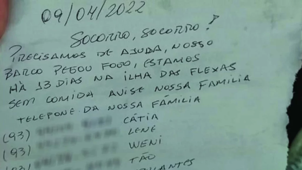Seis tripulantes de um barco que pegou fogo e naufragou no norte do Pará, no último dia 27 de março foram salvos na quarta-feira (13) após pedirem socorro através de uma carta dentro de uma garrafa.