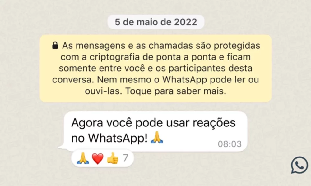 O WhatsApp liberando o recurso de reações a mensagens para todos os usuários. A função permite que você escolha um emoji para reagir, de forma simples, a mensagens enviadas, sem necessariamente responder com palavras. Por enquanto, há apenas seis opções de figurinhas para selecionar.