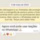 O WhatsApp liberando o recurso de reações a mensagens para todos os usuários. A função permite que você escolha um emoji para reagir, de forma simples, a mensagens enviadas, sem necessariamente responder com palavras. Por enquanto, há apenas seis opções de figurinhas para selecionar.