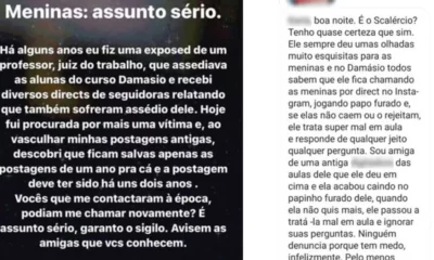 Mulheres acusam o juiz do trabalho de São Paulo Marcos Scalercio, de 41 anos, de assédio sexual. Elas contam que ele tentou beijá-las à força e as agarrou sem consentimento em seu gabinete. Uma delas contou que ele pediu foto de calcinha em uma troca de mensagens numa rede social e depois apareceu "pelado e se masturbando" quando abriu a webcam para tirar dúvidas sobre a aula. As informações são do G1.