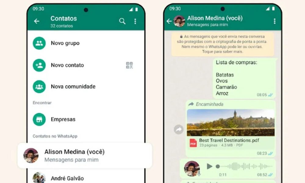 O WhatsApp liberou um atalho na lista de contatos para permitir que usuários possam conversar consigo mesmos no Android e no iPhone (iOS). At