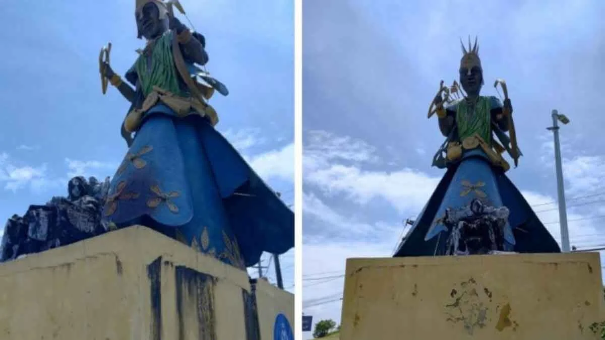 A escultura de Mãe Stella de Oxóssi, que fica na avenida que leva o nome da yalorixá, em Salvador, foi incendiada, na madrugada deste domingo