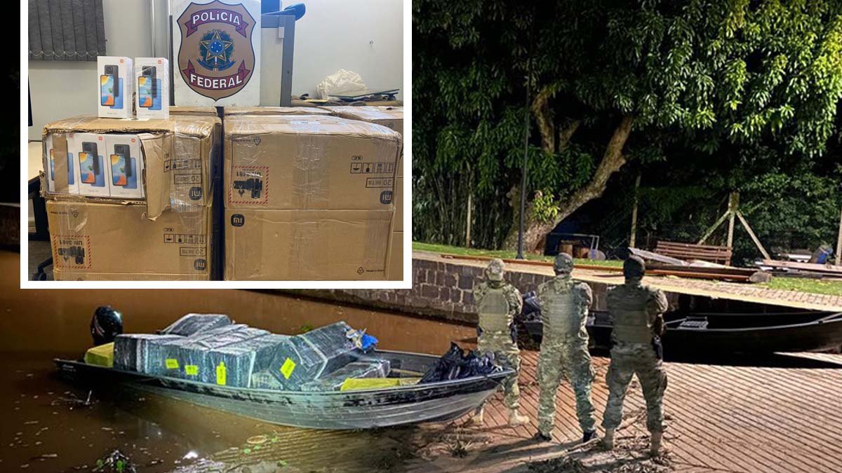 apreendeu uma embarcação clandestina que transportava diversos volumes de cigarros paraguaios e centenas de aparelhos celulares