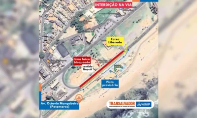 Uma faixa de tráfego no trecho da Avenida Octávio Mangabeira, em Patamares, na altura do Salvador Beach Club será bloqueada