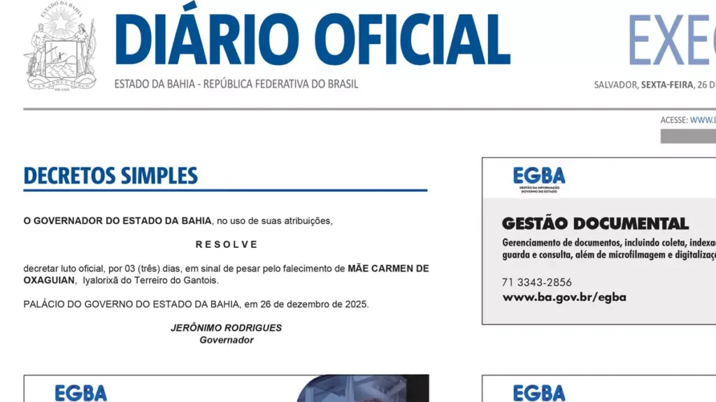 Em edição extra do Diário Oficial do Estado (DOE), publicada nesta sexta-feira (26), o governador Jerônimo Rodrigues decretou luto