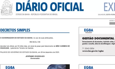 Em edição extra do Diário Oficial do Estado (DOE), publicada nesta sexta-feira (26), o governador Jerônimo Rodrigues decretou luto