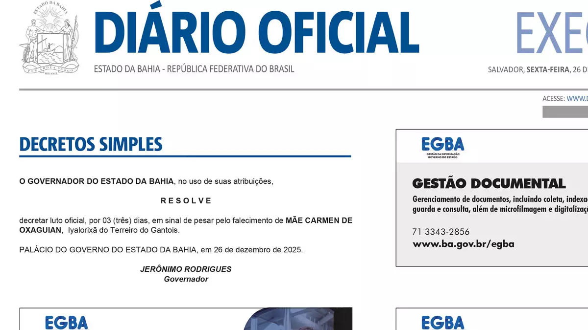 Em edição extra do Diário Oficial do Estado (DOE), publicada nesta sexta-feira (26), o governador Jerônimo Rodrigues decretou luto