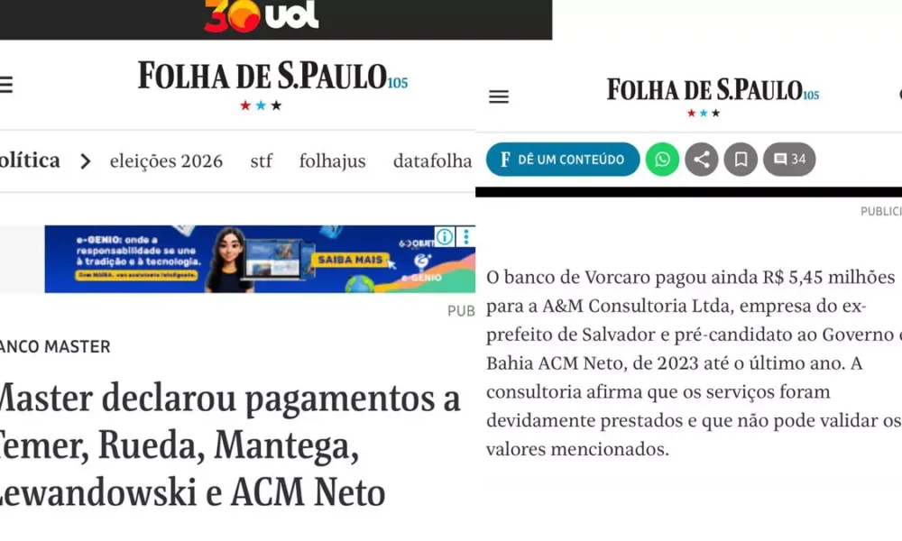pagamentos realizados pelo Banco Master à A&M Consultoria Ltda., empresa vinculada ao ex-prefeito de Salvador ACM Neto,
