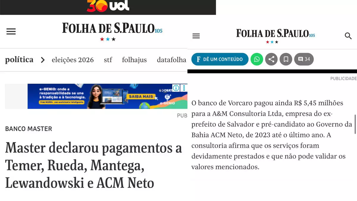 pagamentos realizados pelo Banco Master à A&M Consultoria Ltda., empresa vinculada ao ex-prefeito de Salvador ACM Neto,