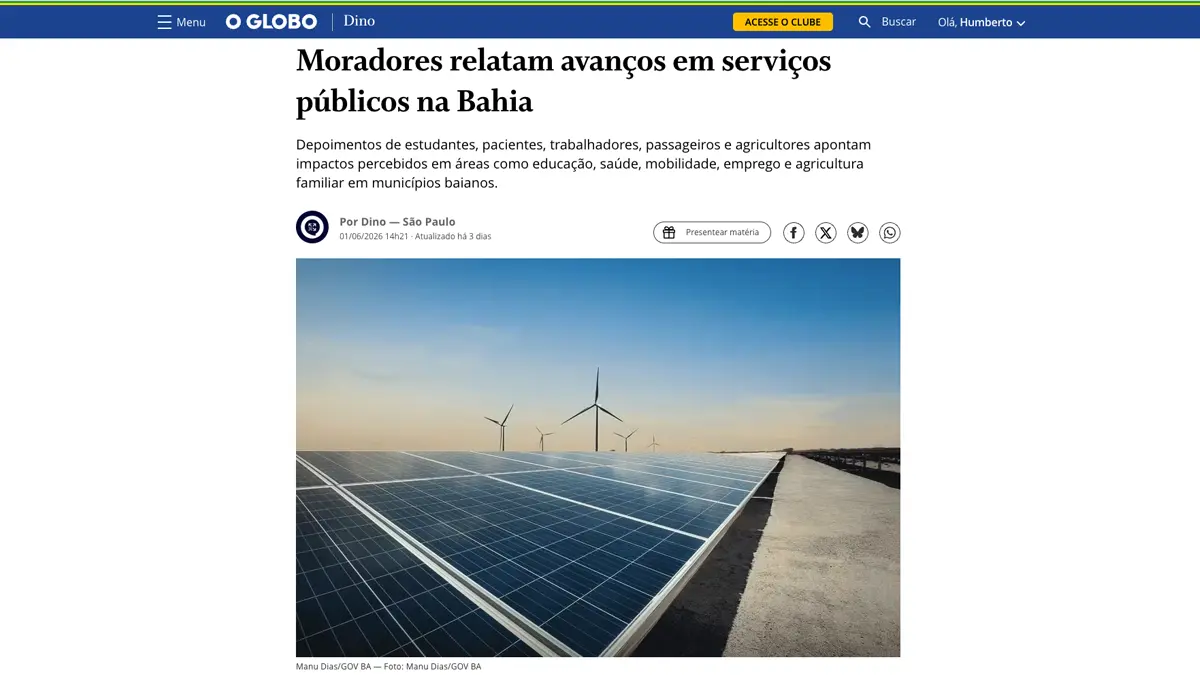 mobilidade, geração de empregos e agricultura familiar, ganharam destaque nacional em reportagem publicada pelo jornal O Globo.