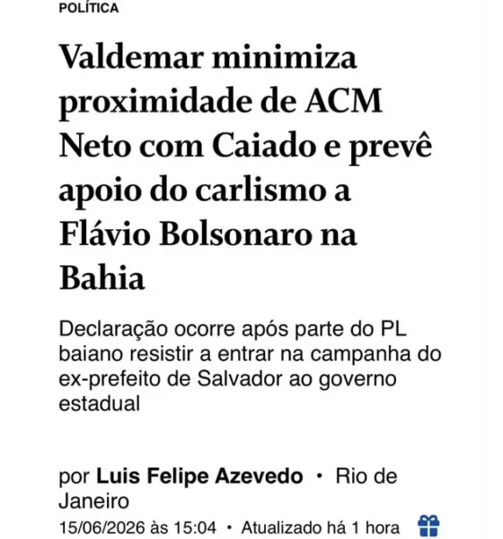 O jornal O Globo destaca a aproximação grande de Valdemar com o ex-prefeito de Salvador e a certeza de que a opção será por Flávio.